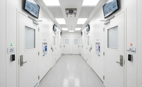 Interior look of a mobile container laboratory highlighting a rigid cleanroom partition system layout engineered to optimize hardwall vs softwall cleanrooms air balancing metrics