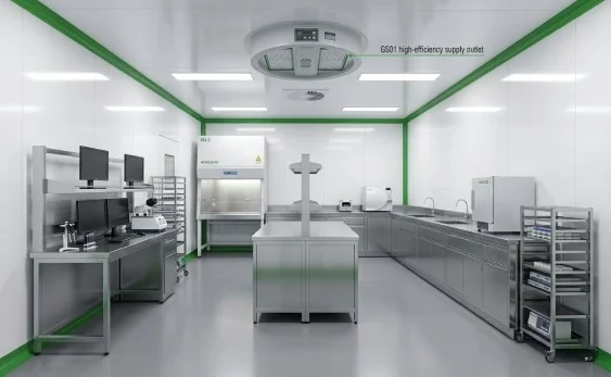 Interior look of a mobile container laboratory highlighting a rigid cleanroom partition system layout engineered to optimize hardwall vs softwall cleanrooms air balancing metrics
