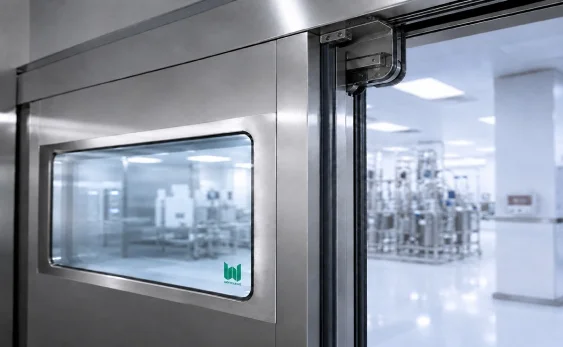 ISO 8 compliant automated clean room sliding door sealing mechanism regulating pressure