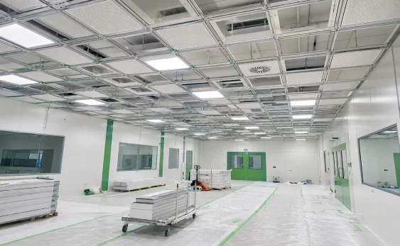 Container laboratory installation with prefabricated cleanroom wall panels HVAC integration and long distance transport reinforcement
