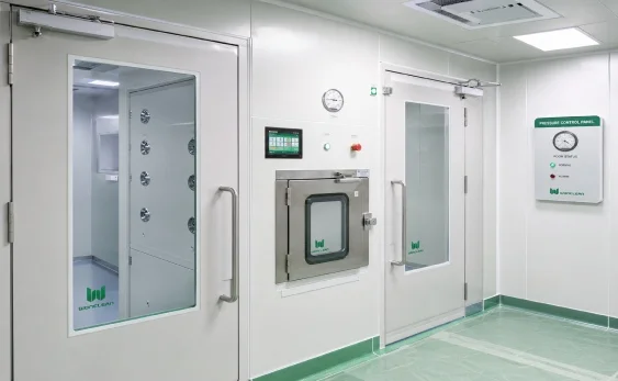 Cleanroom doors interlocks coordinated with air shower pass box and HVAC pressure control for ISO GMP project planning