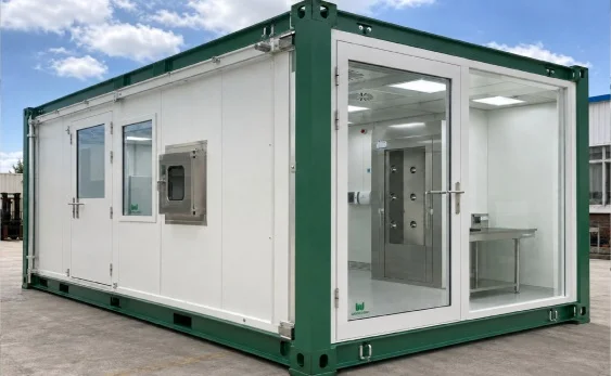 Container laboratory installation with clean room HEPA filters modular wall panels and portable clean room HVAC integration
