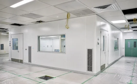Cleanroom maintenance access with HVAC FFU ceiling grid pass box cleanroom door and modular wall panel coordination after installation