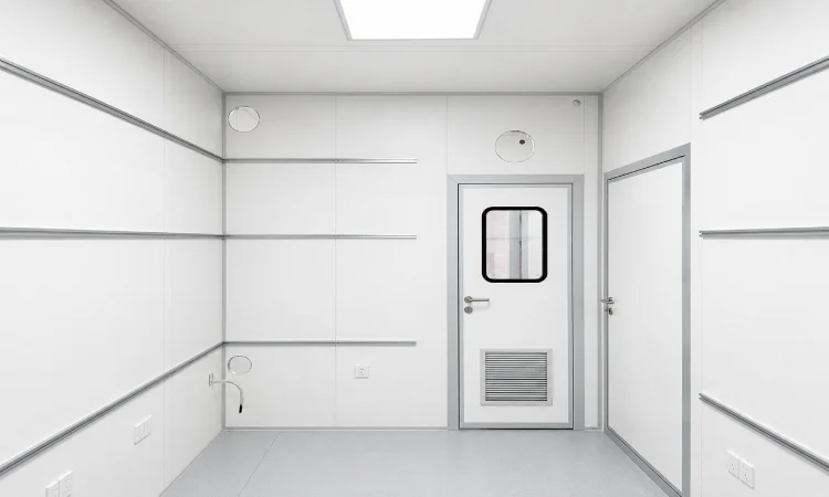 Cleanroom wall panel interior with utility penetrations sealed door and return grille