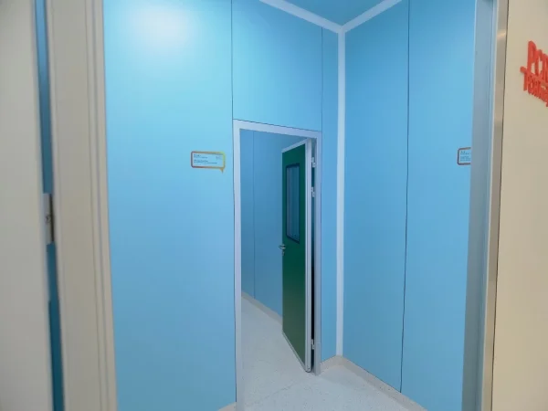 Wonclean real project photo of a compact cleanroom entry module with blue wall panels and cleanroom door