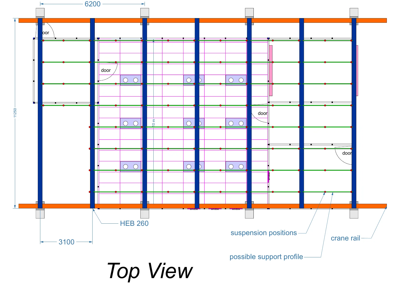 Germany Thomas industrial cleanroom ceiling structural plan with HEB beams, crane rails and FFU positions