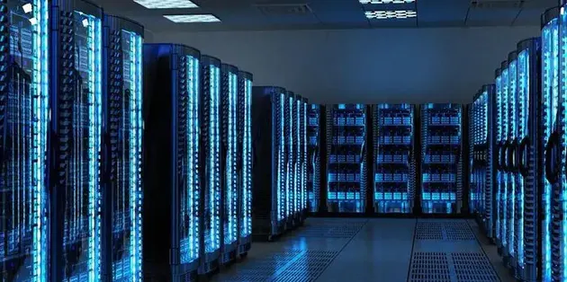 Illustrative data hall with server racks and perforated raised floor