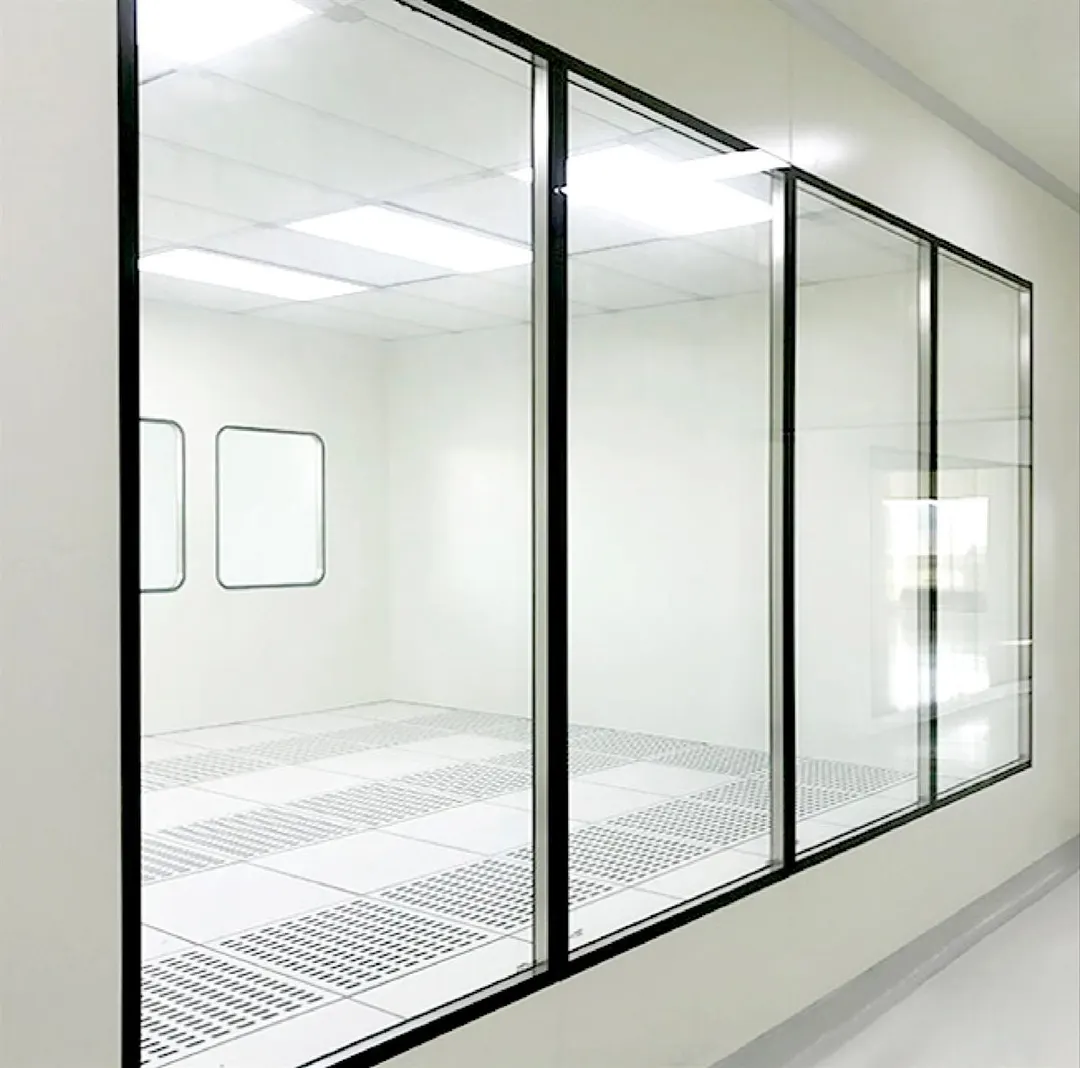 ISO Class 5 semiconductor cleanroom interior with full-coverage filter ceiling and perforated raised access floor