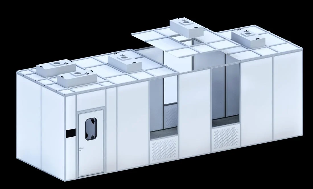 Cutaway of a modular cleanroom showing fan filter units seated in the ceiling grid above the work area