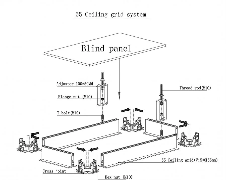 Exploded assembly diagram of a 55 type cleanroom ceiling grid with threaded rods, T-bolts and cross joints