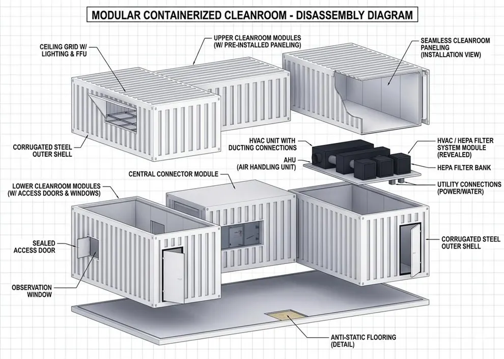 Labeled disassembly diagram of a modular containerized cleanroom showing modules, HVAC and HEPA filter bank, ceiling grid, anti-static flooring and utility connections